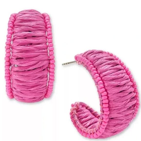 On 34th Raffia Earrings Silver Tone Medium Color Seed Bead & Raffia C-Hoop NWT - Picture 1 of 2